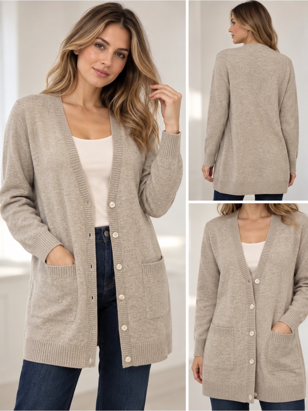 Isaac Mizrahi 100% Cashmere Cardigan Sweater – Size S – Taupe Beige